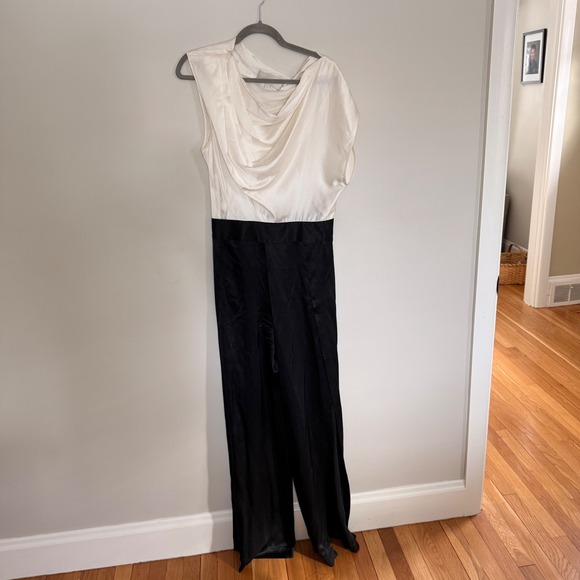 Michelle Mason Silk Cowl Neck Jumpsuit Ivory Black Wide Leg Size 4 Bride Wedding - Picture 2 of 7